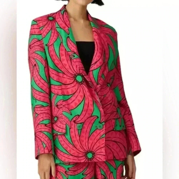 Farm Rio Banana Pitta Pink Green Floral Linen Blazer XS - Picture 1 of 9